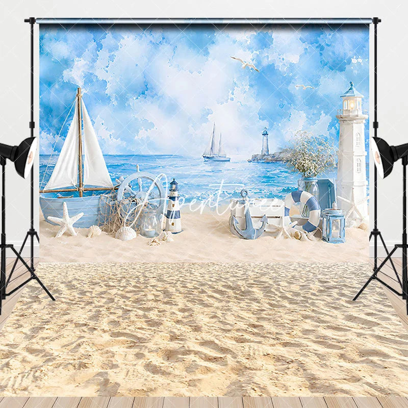 Aperturee - Aperturee Nautical Blue Ocean Beach Combo Set Backdrop with Sailboat Lighthouse Anchor for Summer Party Decor.