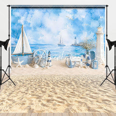 Aperturee - Aperturee Nautical Blue Ocean Beach Combo Set Backdrop with Sailboat Lighthouse Anchor for Summer Party Decor.
