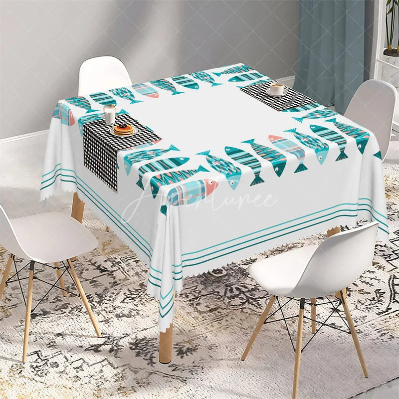 Aperturee - Aperturee Nautical Colorful Fish Border Rectangle Tablecloth Coastal Summer Dining Table Cover for Beach Party