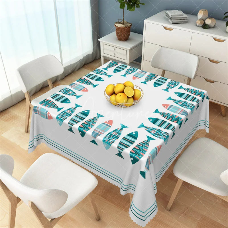 Aperturee - Aperturee Nautical Colorful Fish Border Rectangle Tablecloth Coastal Summer Dining Table Cover for Beach Party