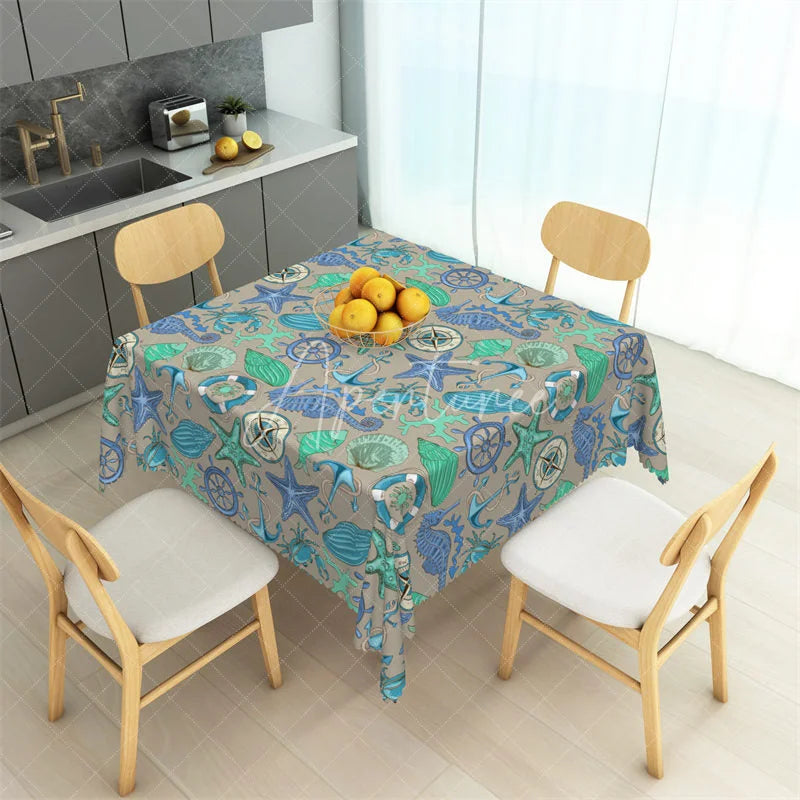 Aperturee - Aperturee Nautical Teal Sea Life Rectangle Tablecloth Seahorse and Starfish Beach Pattern Table Cover