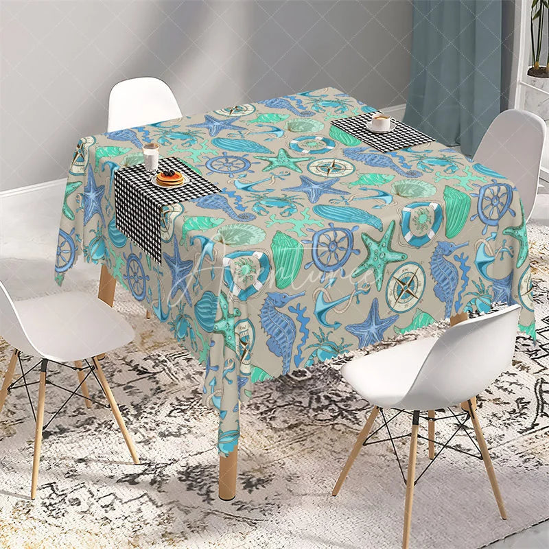 Aperturee - Aperturee Nautical Teal Sea Life Rectangle Tablecloth Seahorse and Starfish Beach Pattern Table Cover