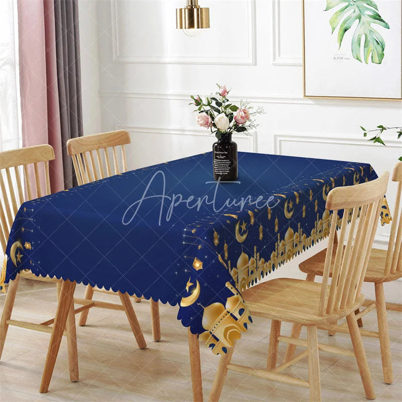 Aperturee - Aperturee Navy Blue and Gold Ramadan Lanterns Rectangle Tablecloth Islamic Mosque Crescent Moon Table Cover for Eid