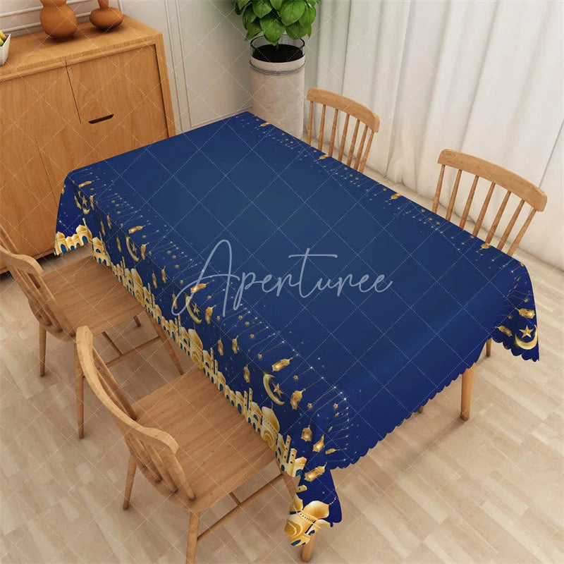 Aperturee - Aperturee Navy Blue and Gold Ramadan Lanterns Rectangle Tablecloth Islamic Mosque Crescent Moon Table Cover for Eid