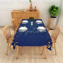 Aperturee - Aperturee Navy Blue and Gold Ramadan Lanterns Rectangle Tablecloth Islamic Mosque Crescent Moon Table Cover for Eid