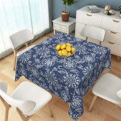 Aperturee - Aperturee Navy Blue and White Mandala Floral Rectangle Tablecloth Ornate Bohemian Pattern Table Cover