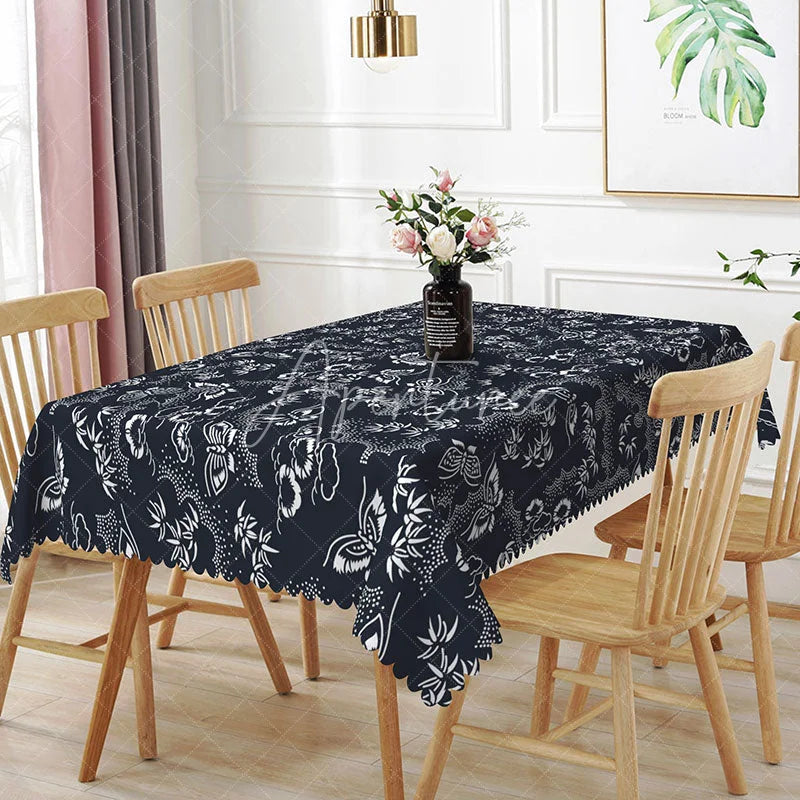 Aperturee - Aperturee Navy Blue Butterfly Floral Rectangle Tablecloth Traditional Pattern Dining Table Cover for Home