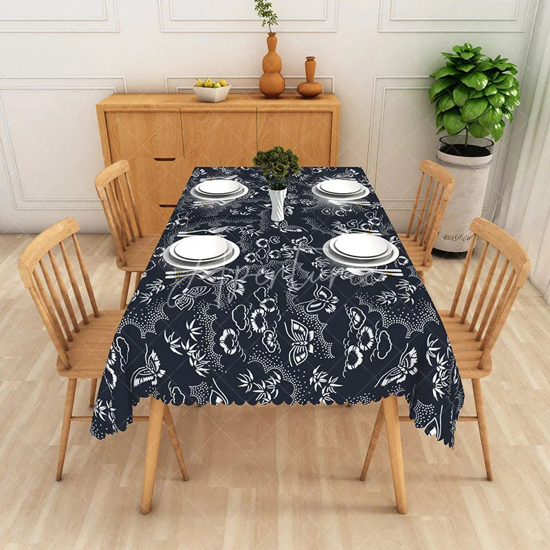 Aperturee - Aperturee Navy Blue Butterfly Floral Rectangle Tablecloth Traditional Pattern Dining Table Cover for Home