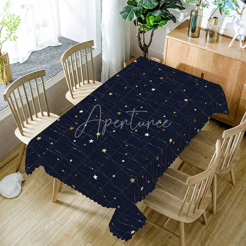 Aperturee - Aperturee Navy Blue Celestial Rectangle Tablecloth with Gold Stars Elegant Modern Starry Night Party Dining Decor