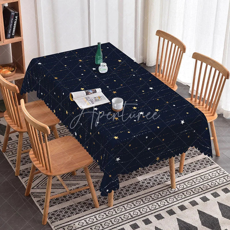Aperturee - Aperturee Navy Blue Celestial Rectangle Tablecloth with Gold Stars Elegant Modern Starry Night Party Dining Decor