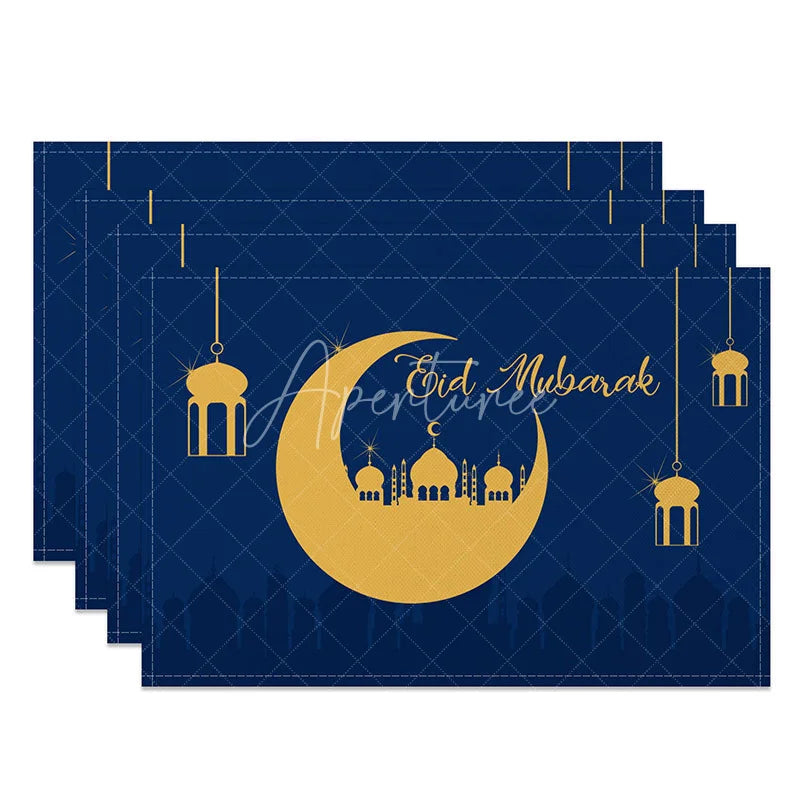 Aperturee - Aperturee Navy Blue Eid Mubarak Set of 4 Placemats Golden Crescent Moon and Mosque Silhouette Dining Table Mats