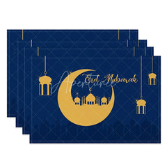 Aperturee - Aperturee Navy Blue Eid Mubarak Set of 4 Placemats Golden Crescent Moon and Mosque Silhouette Dining Table Mats