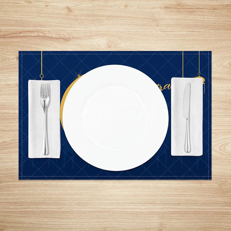 Aperturee - Aperturee Navy Blue Eid Mubarak Set of 4 Placemats Golden Crescent Moon and Mosque Silhouette Dining Table Mats