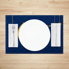 Aperturee - Aperturee Navy Blue Eid Mubarak Set of 4 Placemats Golden Crescent Moon and Mosque Silhouette Dining Table Mats