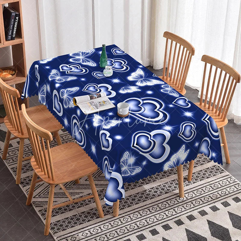 Aperturee - Aperturee Navy Blue Glowing Heart Butterfly Rectangle Tablecloth Neon Light Effect Pattern Modern Romantic Dining Decor