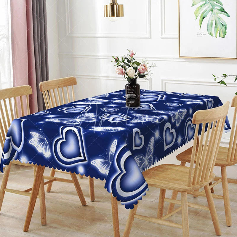 Aperturee - Aperturee Navy Blue Glowing Heart Butterfly Rectangle Tablecloth Neon Light Effect Pattern Modern Romantic Dining Decor