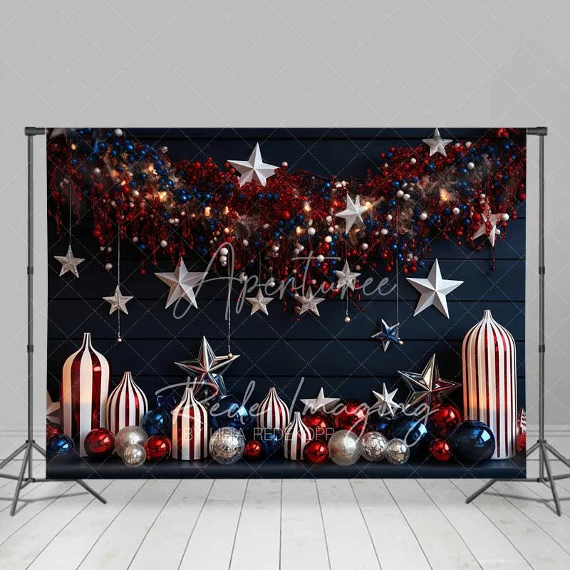 Aperturee - Aperturee Navy Blue Holiday Backdrop Hanging Stars Red White Ornaments Striped Vases Photo Background
