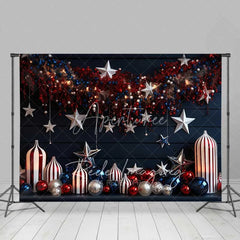 Aperturee - Aperturee Navy Blue Holiday Backdrop Hanging Stars Red White Ornaments Striped Vases Photo Background