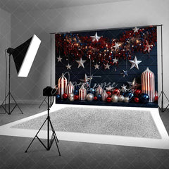 Aperturee - Aperturee Navy Blue Holiday Backdrop Hanging Stars Red White Ornaments Striped Vases Photo Background