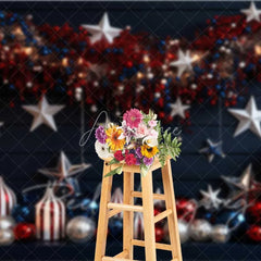 Aperturee - Aperturee Navy Blue Holiday Backdrop Hanging Stars Red White Ornaments Striped Vases Photo Background