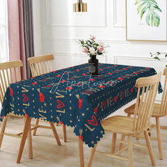 Aperturee - Aperturee Navy Blue Love Text Rectangle Tablecloth Gold Arrow and Red Heart Pattern Romantic Valentine Dinner Decor