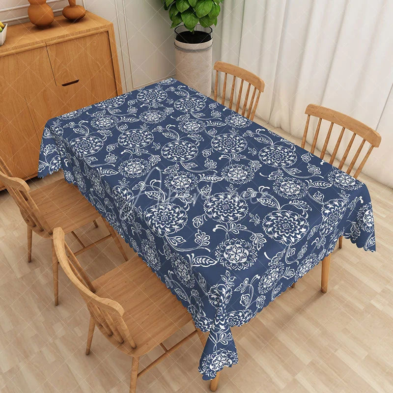 Aperturee - Aperturee Navy Blue Mandala Floral Rectangle Tablecloth White Flower Dining Table Cover for Home Decor