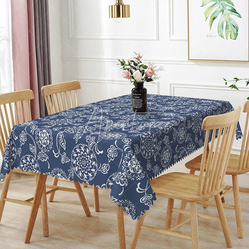 Aperturee - Aperturee Navy Blue Mandala Floral Rectangle Tablecloth White Flower Dining Table Cover for Home Decor