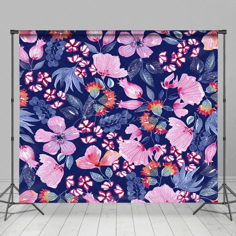 Aperturee - Aperturee Navy Blue Pink Floral Leaves Fine Art Photo Backdrop