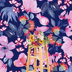 Aperturee - Aperturee Navy Blue Pink Floral Leaves Fine Art Photo Backdrop