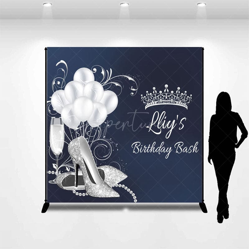 Aperturee - Aperturee Navy Blue Silver Crown Custom Name Birthday Backdrop