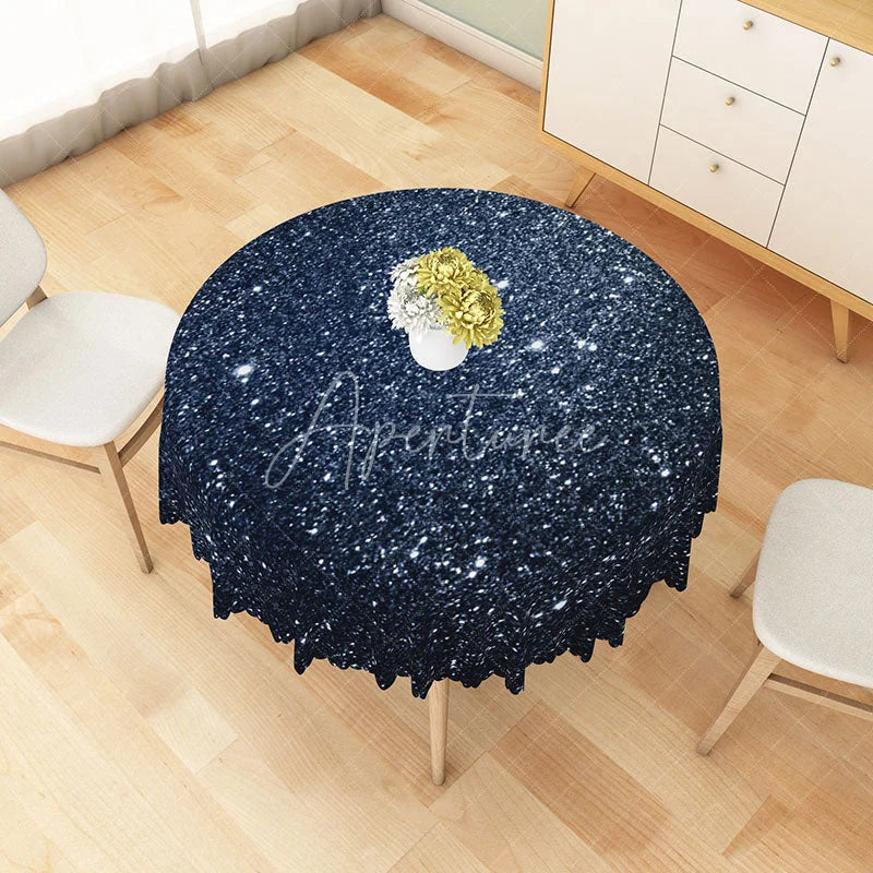 Aperturee - Aperturee Navy Blue Stardust Glitter Print Round Tablecloth Sparkling Night Sky Table Cover for Party Decor