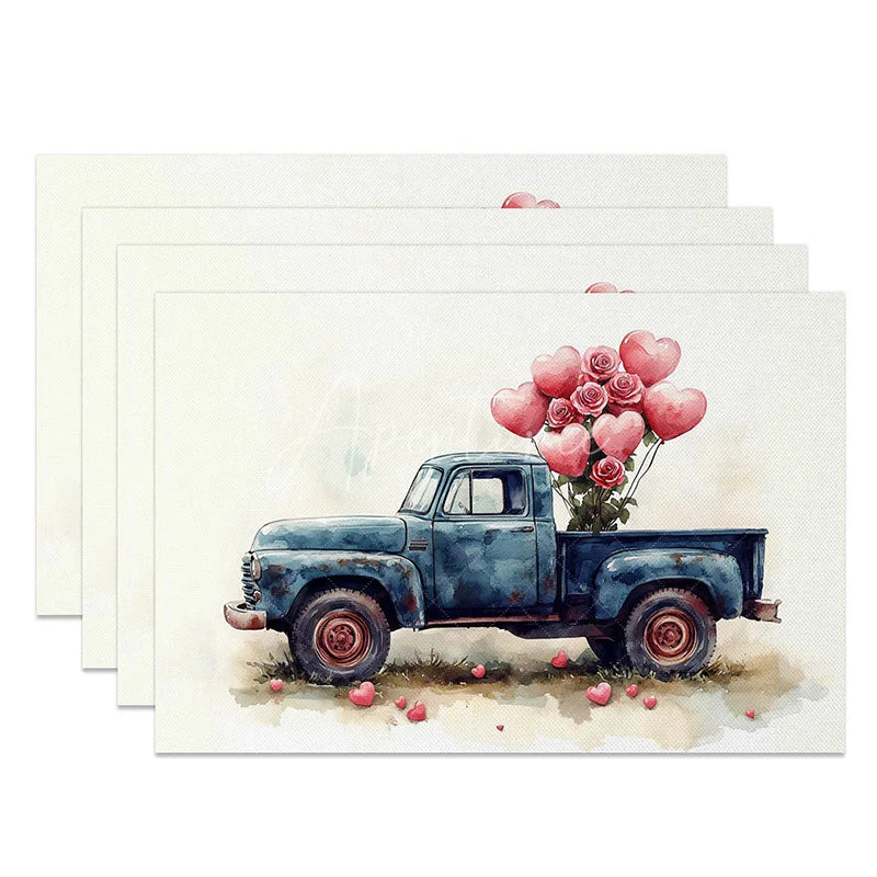 Aperturee - Aperturee Navy Blue Truck Rose Heart Set of 4 Placemats Romantic Balloon Valentine Decoration Watercolor Farmhouse Table Mat