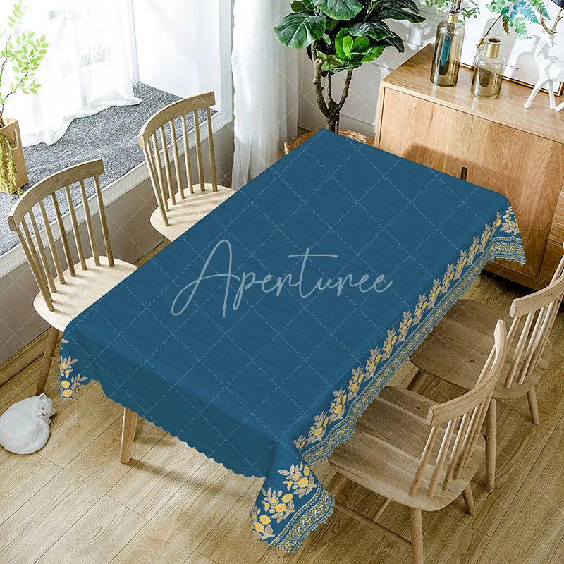 Aperturee - Aperturee Navy Blue Yellow Floral Border Rectangle Tablecloth Elegant Dark Blue Background Royal Dining Table Cover Decoration