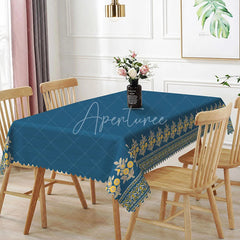 Aperturee - Aperturee Navy Blue Yellow Floral Border Rectangle Tablecloth Elegant Dark Blue Background Royal Dining Table Cover Decoration
