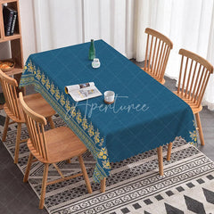Aperturee - Aperturee Navy Blue Yellow Floral Border Rectangle Tablecloth Elegant Dark Blue Background Royal Dining Table Cover Decoration