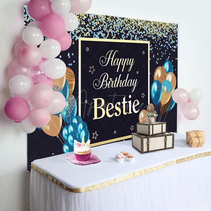 Aperturee - Aperturee Navy Glitter Balloons Bestie Happy Birthday Backdrop