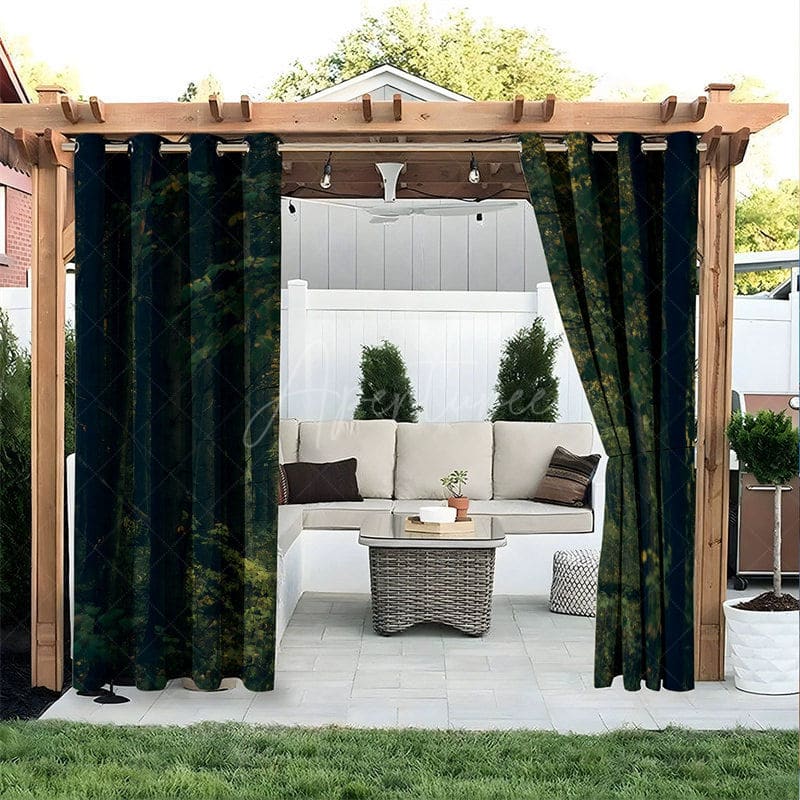 Aperturee - Aperturee Navy Green Leaves Waterproof Printed Outdoor Curtains