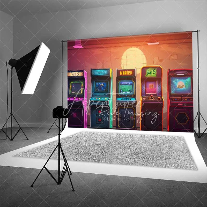 Aperturee - Aperturee Neon Arcade Game Room Photography Backdrop Retro 80s Video Gaming Machine Background