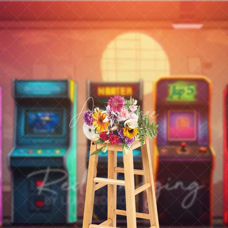Aperturee - Aperturee Neon Arcade Game Room Photography Backdrop Retro 80s Video Gaming Machine Background