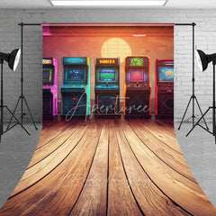 Aperturee - Aperturee Neon Arcade Game Room Sweep Photography Backdrop Retro 80s Video Gaming Machine Wood Floor Photo Prop