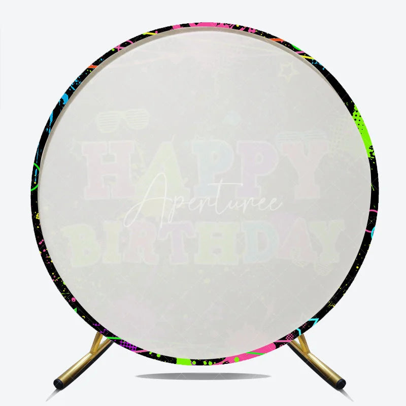 Aperturee - Aperturee Neon Glow Party Happy Birthday Round Backdrop 80s 90s Colorful Paint Splatter Blacklight Themed Photo Booth