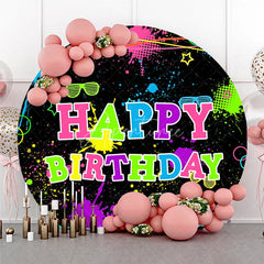 Aperturee - Aperturee Neon Glow Party Happy Birthday Round Backdrop 80s 90s Colorful Paint Splatter Blacklight Themed Photo Booth