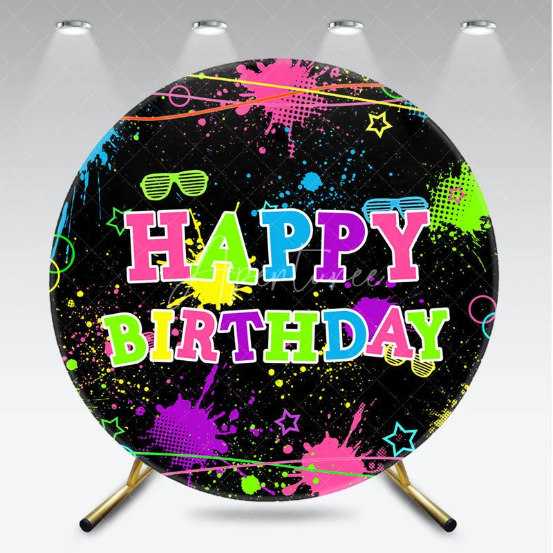 Aperturee - Aperturee Neon Glow Party Happy Birthday Round Backdrop 80s 90s Colorful Paint Splatter Blacklight Themed Photo Booth