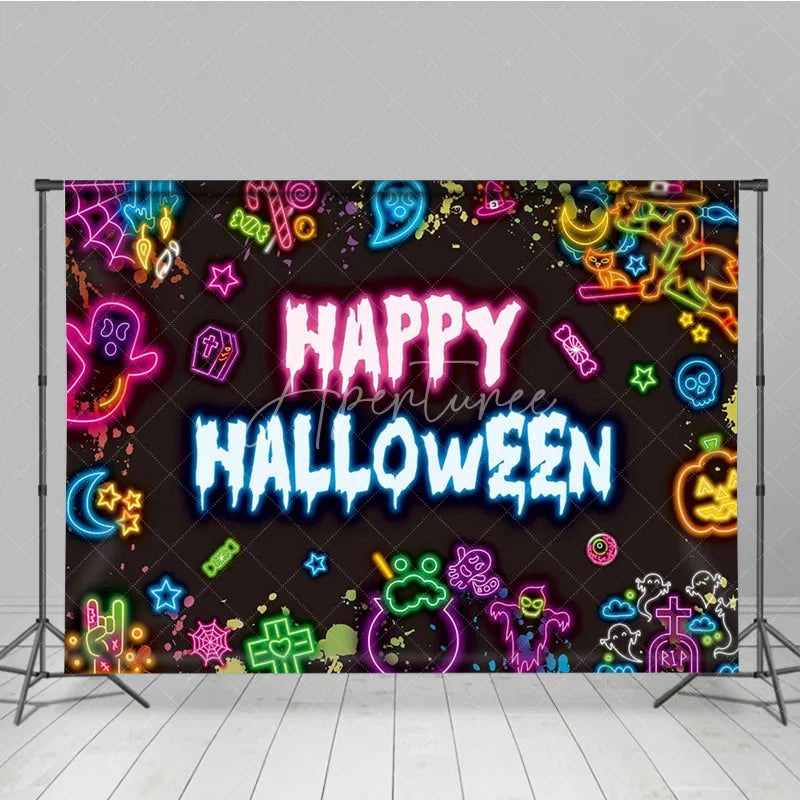 Aperturee - Aperturee Neon Happy Halloween Backdrop for Glow in the Dark Party 80s Retro with Skulls Ghosts and Pumpkins Decor