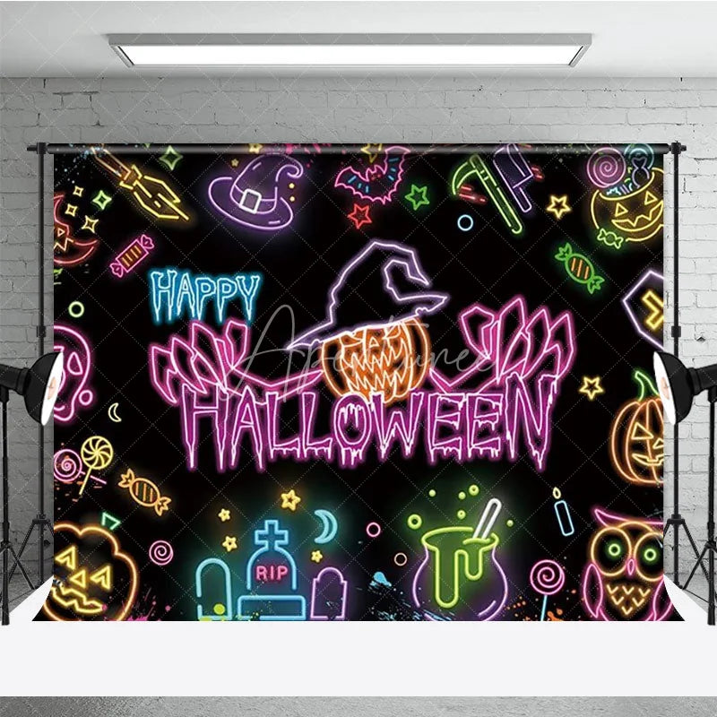Aperturee - Aperturee Neon Happy Halloween Backdrop for Glow in the Dark Party Blacklight with Witch Hat Pumpkin and Ghost Decor