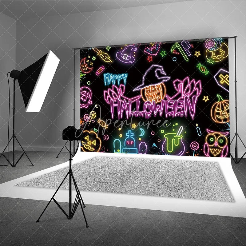 Aperturee - Aperturee Neon Happy Halloween Backdrop for Glow in the Dark Party Blacklight with Witch Hat Pumpkin and Ghost Decor