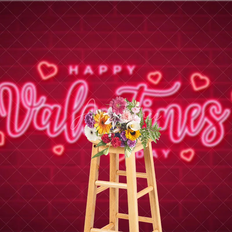 Aperturee - Aperturee Neon Happy Valentines Day Backdrop Red Brick Wall Glowing Hearts Background Romantic Love Photography Party Decoration