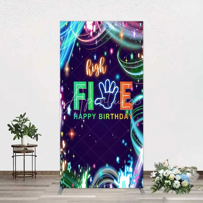 Aperturee - Aperturee Neon High Five Birthday Rectangle Backdrop Glow Party 5th Birthday Photography Background