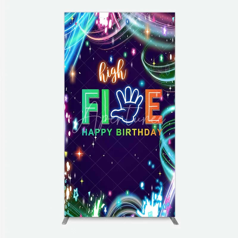 Aperturee - Aperturee Neon High Five Birthday Rectangle Backdrop Glow Party 5th Birthday Photography Background
