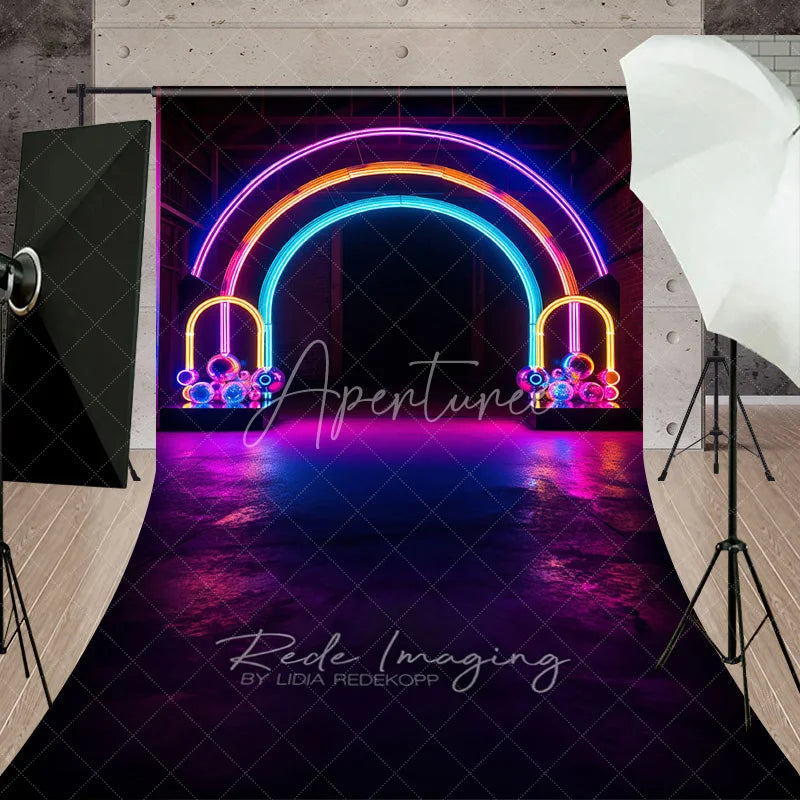 Aperturee - Aperturee Neon Rainbow Arch Sweep Backdrop Disco Ball Light Tunnel Background 80s Retro Glow Party Decoration Photo Booth